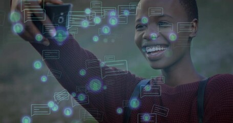 Poster - Taking selfie, person smiling with digital communication icons overlay in animation