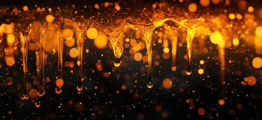 Poster - Golden liquid droplets with shimmering bokeh background creating a magical atmosphere