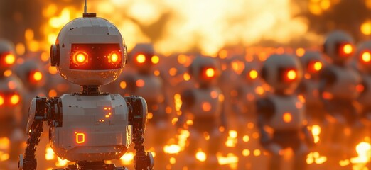 Poster - Futuristic army of robots with glowing eyes in fiery landscape