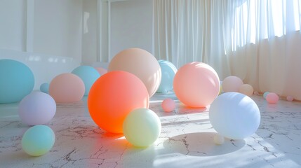 Poster - Pastel-colored balls of various sizes fill a white room with sunlight shining through a large window. The balls cast shadows on the marble floor.