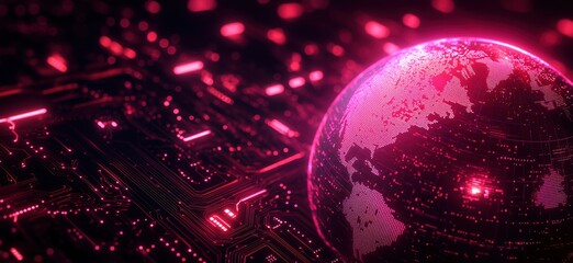 Poster - Digital globe with circuit board design in vibrant pink tones representing technology and connectivity