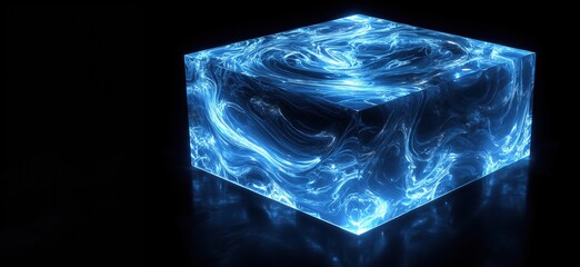 Poster - glowing blue abstract cube with swirling patterns and reflections in dark background