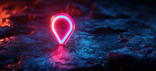 Poster - Neon location pin glowing on textured surface in dark environment