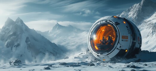 Poster - Futuristic spacecraft landing in snowy mountain landscape with explorers inside