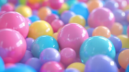 Poster - 3D rendering. A lot of pastel-colored balls with a glossy surface are chaotically placed close to each other.