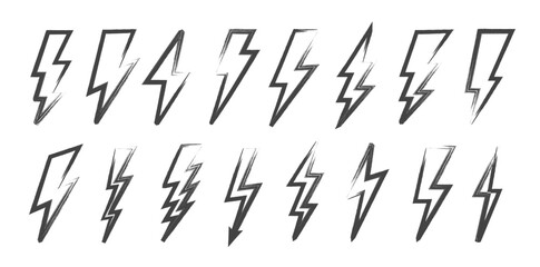 Wall Mural - Lightning bolt icons in grunge style. Vintage flash symbol, thunderbolt vector illustration. Lightning strike sign