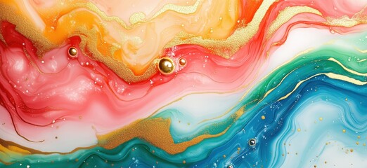 Poster - Colorful abstract fluid art with vibrant swirls and golden accents