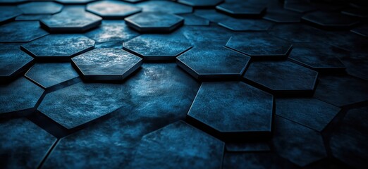 Poster - Hexagonal textured surface with blue lighting and shadows for modern design