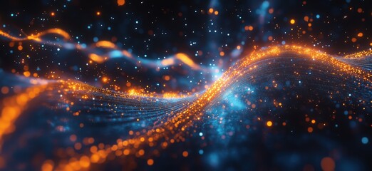 Poster - abstract glowing wave with orange and blue particles creating a mesmerizing digital landscape