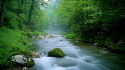 Aufkleber - Emerald River: A serene view captures the natural beauty of a winding river flowing through a vibrant, lush forest. Its crystal-clear waters cascade over mossy rocks, flanked by verdant banks.