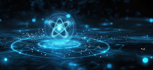 Poster - Futuristic glowing atom symbol with digital particles and abstract background
