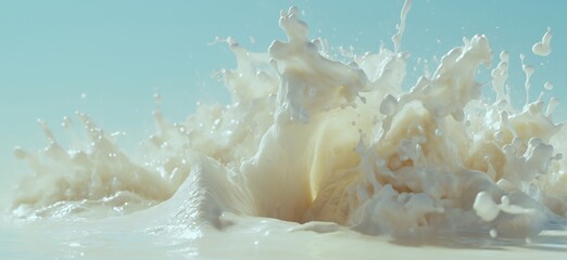 Poster - Dynamic splash of creamy liquid against serene blue background with soft lighting