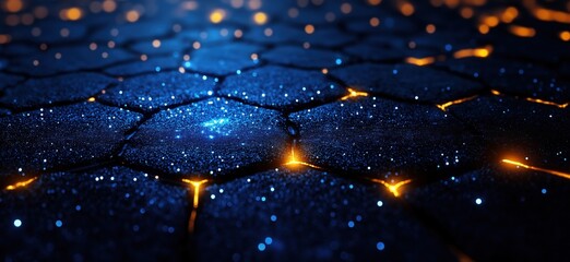 Poster - glowing hexagonal pattern with sparkling blue and orange elements in dark background
