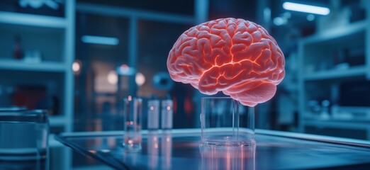 Poster - 3d render of glowing brain in laboratory setting with scientific equipment