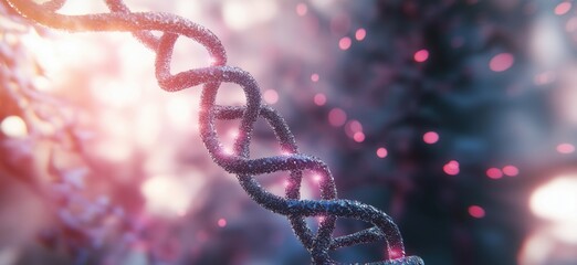 Poster - 3D representation of DNA double helix structure with glowing particles and abstract background