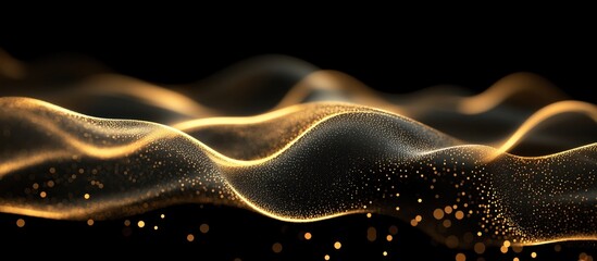 Poster - golden flowing waves with sparkling particles on black background