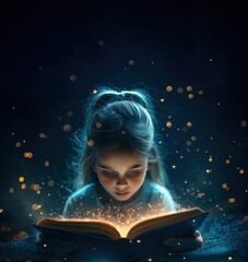 Poster - Child reading book surrounded by magical glowing particles in dark atmosphere