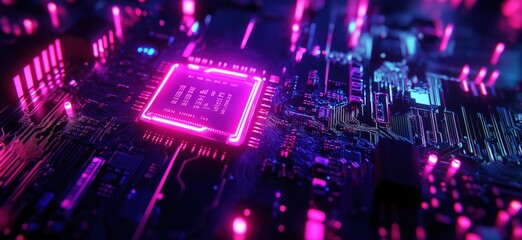 Poster - Futuristic circuit board with glowing neon lights and advanced microchip design