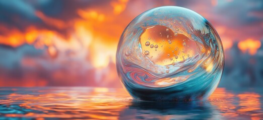 Poster - Colorful water sphere reflecting sunset with bubbles and vibrant background