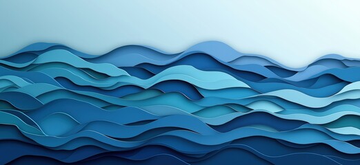 Poster - abstract paper cut waves in shades of blue creating a serene ocean landscape