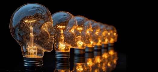 Poster - illuminated light bulbs shaped like human heads representing creativity and innovation