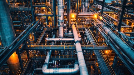 Poster - At dusk, the industrial plant comes alive with a maze of metallic pipes and machinery, glowing with orange light. It showcases the complexity of modern manufacturing processes and engineering