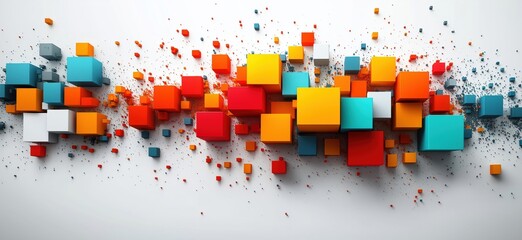 Poster - Colorful abstract 3D cubes explosion with vibrant orange, blue, and red tones