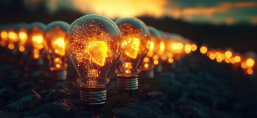Poster - illuminated light bulbs with glowing human head silhouettes representing ideas and creativity