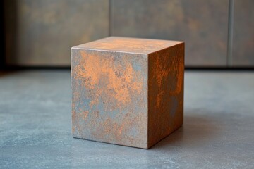 Poster - a textured cube sits centrally on a solid surface, showcasing a blend of muted colors in a simple an