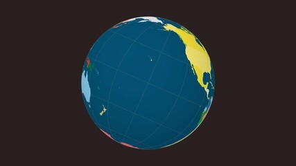 Poster - Spinning earth. Tilted sphere view. Slow speed globe rotation. Colored countries style. World map with graticule lines on desaturated background. Admirable animation.
