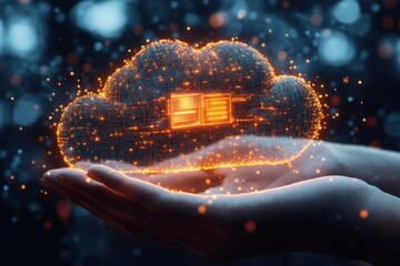 Poster - Two hands are transferring a glowing cloud, representing digital data and connectivity, against a blurred dark background filled with light