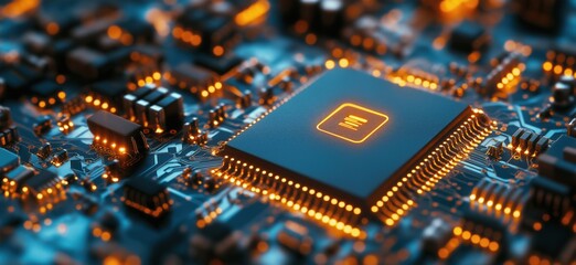 Poster - Close-up of modern microprocessor on circuit board with glowing connections and components