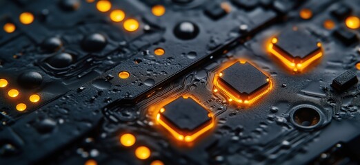 Poster - Close-up of illuminated circuit board with glowing components and intricate patterns