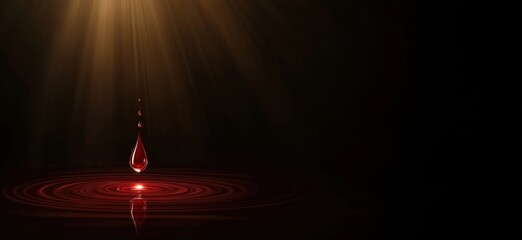 Poster - Red water droplet creating ripples in dark background with dramatic lighting