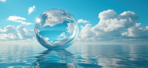 Poster - Reflective bubble floating on calm water under blue sky with clouds