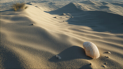 Fototapete - Close-up of textured sand dunes with ripples and shadow play, a single seashell resting in the foreground