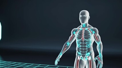 Fototapete - Human anatomy model in a digital environment showcasing muscle structure and movement analysis
