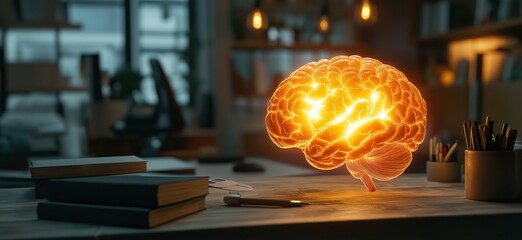 Poster - illuminated brain model representing creativity and intelligence in modern workspace