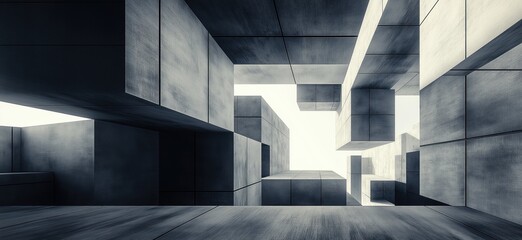 Poster - abstract geometric architecture with floating concrete blocks and light reflections