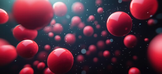 Poster - Red spheres floating in dark space with sparkling particles and depth effect