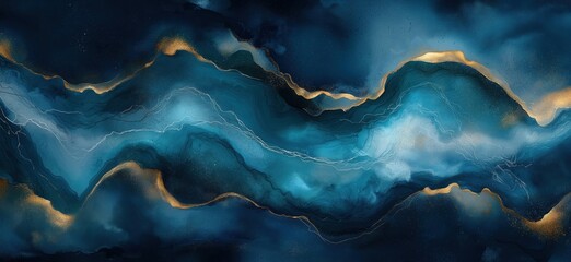 Poster - Abstract blue and gold wave pattern with fluid art design and textured background