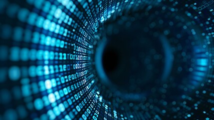 Data encryption background, digital padlock surrounded by encrypted code layers and tech circle HUD, blue neon and black theme