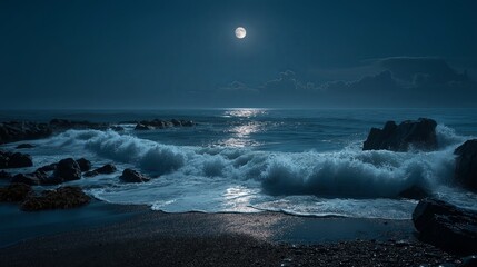 Poster - Crashing waves at night illuminated by a full moon, casting silvery light across the wet shore