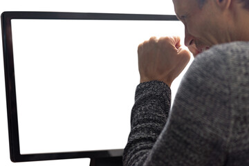 Aufkleber - Young man looking at computer screen and feeling confused. Close-up of man at computer, seen from behind, white screen offering copy space