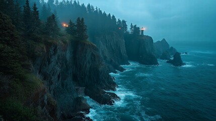 Poster - Dramatic thunderstorm over the sea, lightning reflecting on the water with moody blue tones 