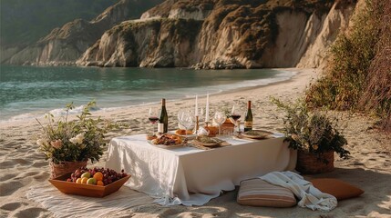 Poster - Elegant beach picnic with a white linen blanket, wine glasses, candles, and fresh fruit by the shore
