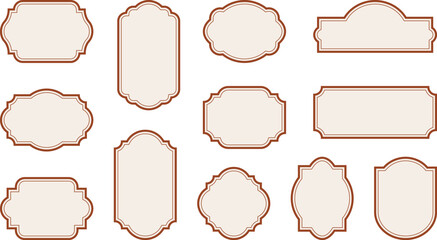 Elegant vintage labels with ornate frames in cream beige and red color. Classic tags with decorative border for handmade branding and rustic packaging. Set of vector designs with blank space
