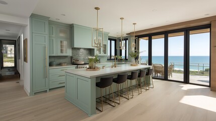 Poster - Modern coastal kitchen with seafoam green cabinets, brass fixtures, and large windows facing the ocean horizon
