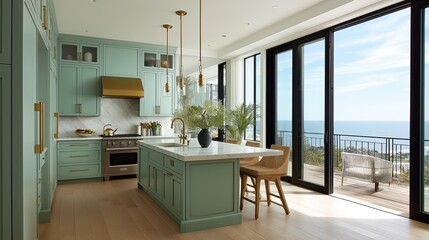 Aufkleber - Modern coastal kitchen with seafoam green cabinets, brass fixtures, and large windows facing the ocean horizon