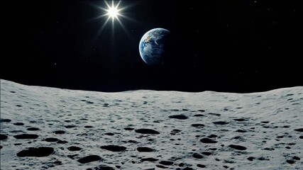 Wall Mural - Witness the beauty of the lunar landscape with its craters and dust while Earth appears brightly illuminated in the background. This captures a tranquil moment in space exploration that inspires awe